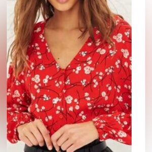 ba&sh Red Ruched Long Sleeve Blouse
